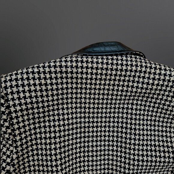Vintage 80s Long Houndstooth Coat Womens Size M Black Beige Leather Collar - Picture 11 of 11